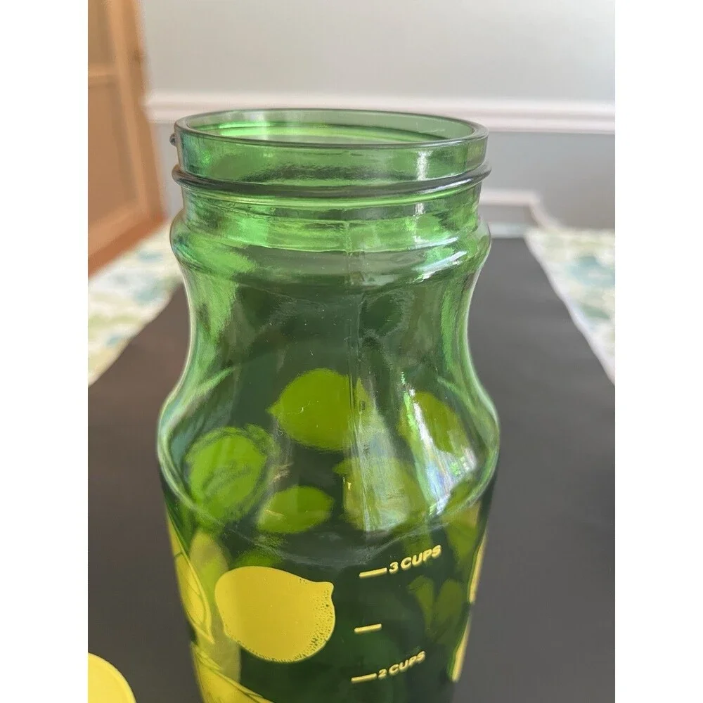 Vintage Anchor Hocking Green Yellow Lemonade Lemon Juice Jar Pitcher Measuring